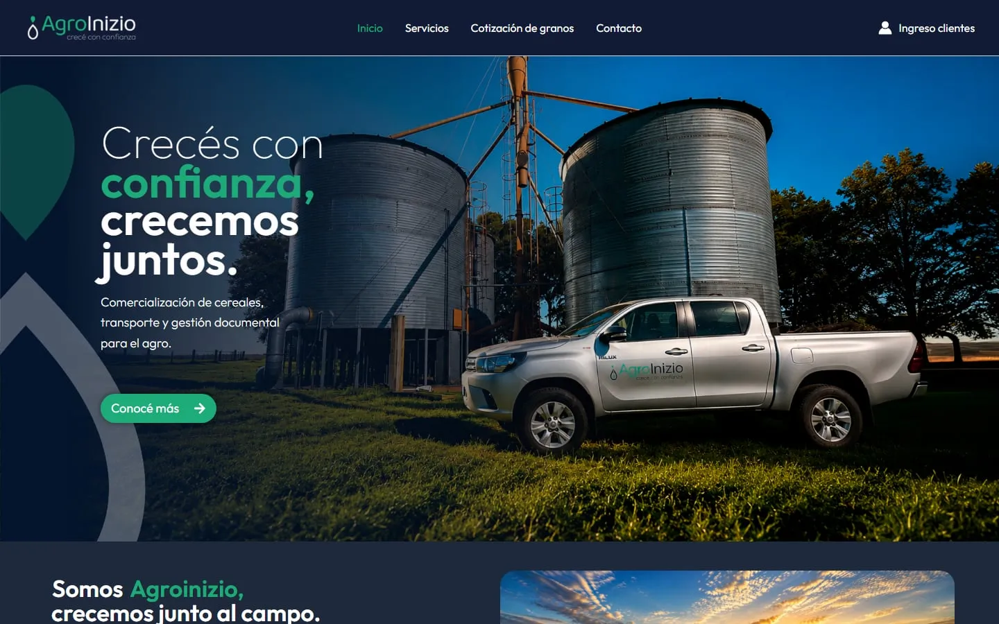 Página de inicio de AgroInizio con el título "Crecés con confianza, crecemos juntos."