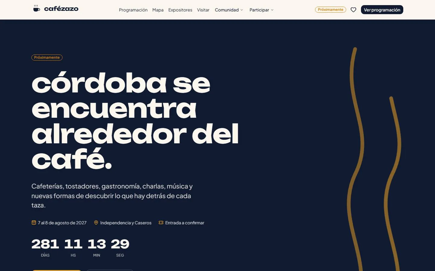 Cafézazo home page with the headline "Córdoba se encuentra alrededor del café." and the fair countdown.
