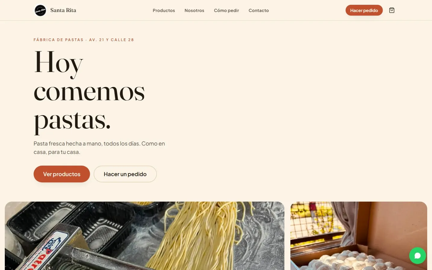 Página de inicio de Pastas Santa Rita con el título "Hoy comemos pastas."